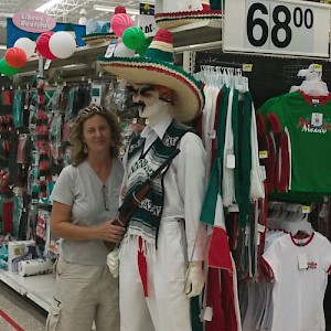 Just to prove we're still in Mexico, we searched for a sombrero-wearing, tequila-drinking, gun-toting Mexican. We found one! It's a manikin on display for the Independence Day season. <a href=></a>