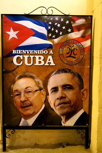 Poster of president Raul Castro and President Barack Obama with a welcome to Cuba comment.  It was the only poster we saw in all of Havana. <a href=></a>