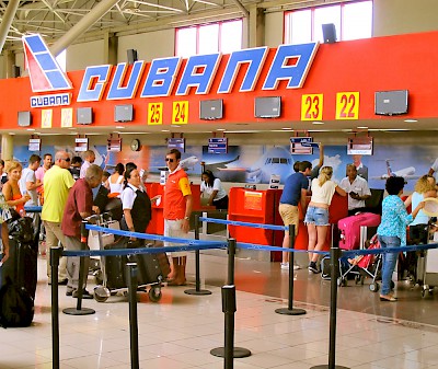 Interior of the Jose Marti International Airport.  Air Cubana ticket counter. <a href=></a>