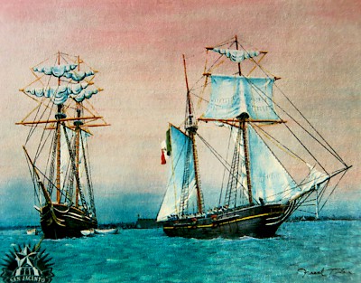 Painting of the Republic of Texas Navy ship Liberty as it tows the captured Pelicano that was carrying gunpowder for Santa Anna's troops but eventually ended up in General Sam Houston's army before the battle of San Jacinto. <a href=></a>