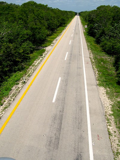 Stretch of the cuota between Cancun and Merida, illustrating the lowlands of the Yucatan Peninsula. <a href=></a>